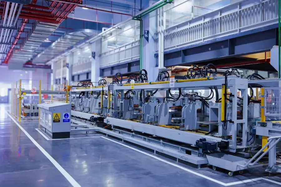Automated industrial production line with rows of processing machinery