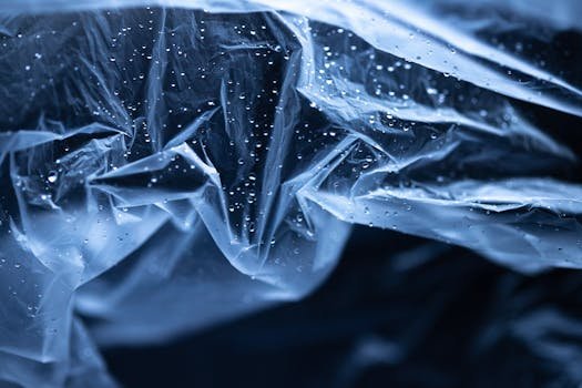 Abstract image of transparent plastic with water droplets. High contrast and cool tones enhance the texture.